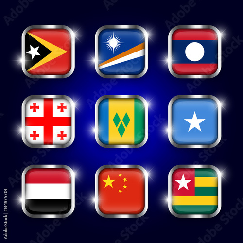 Free Download Set of world flags quadrangular glass buttons with steel border and twinkle ( East Timor . Marshall Islands . Laos . Georgia . Saint Vincent and the Grenadines . Somalia . Yemen . China . Togo ) - GFXLoad