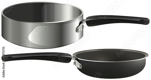 Two frying pans on white background