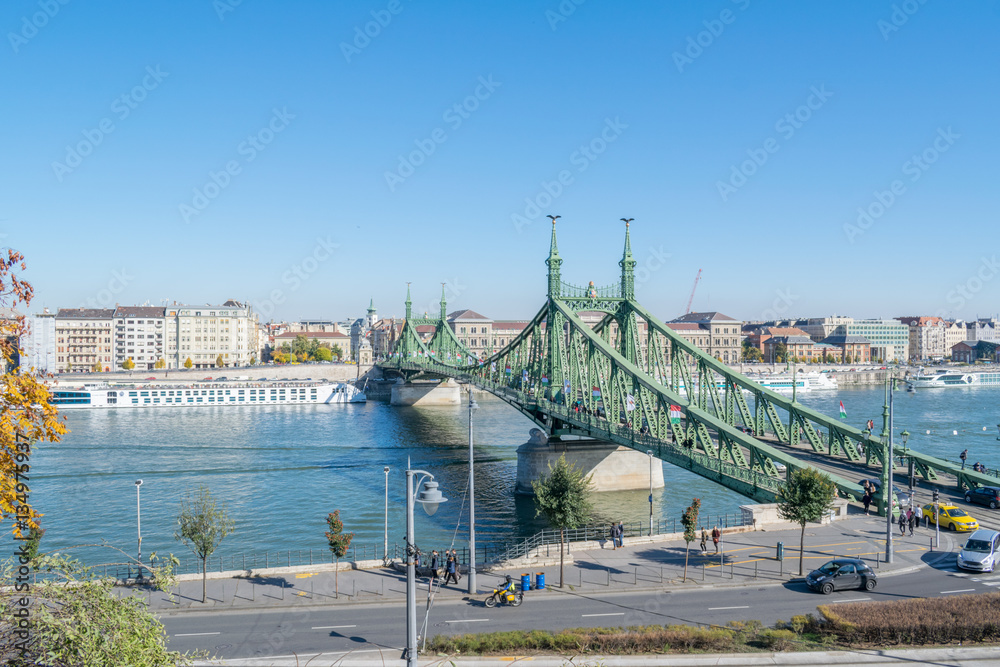 Fototapeta premium View of the Danube river with bastion and bridge in Budapest