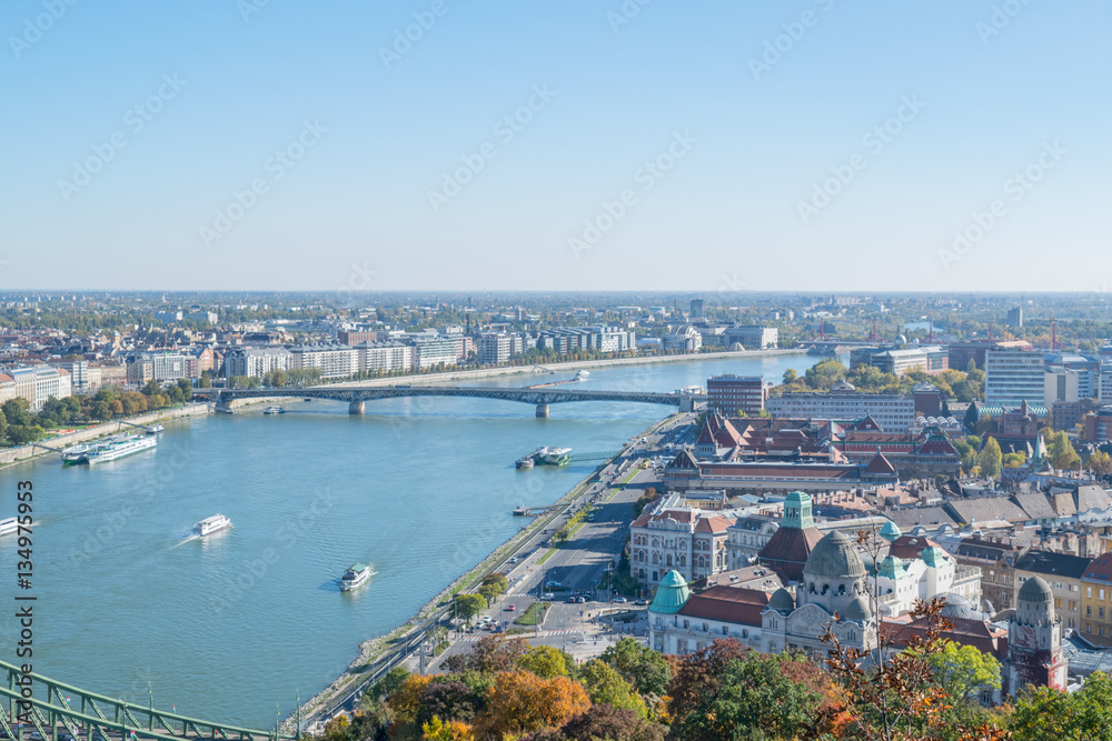 Fototapeta premium View of the Danube river with bastion and bridge in Budapest