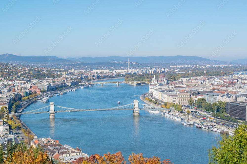 View of the Danube river with bastion and bridge in Budapest