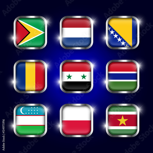 Set of world flags quadrangular glass buttons with steel border and twinkle ( Guyana . Netherlands . Bosnia and Herzegovina . Romania . Syria . Gambia . Uzbekistan . Poland . Suriname ) Free Download Set of world flags quadrangular glass buttons with steel border and twinkle ( Guyana . Netherlands . Bosnia and Herzegovina . Romania . Syria . Gambia . Uzbekistan . Poland . Suriname ) - GFXLoad