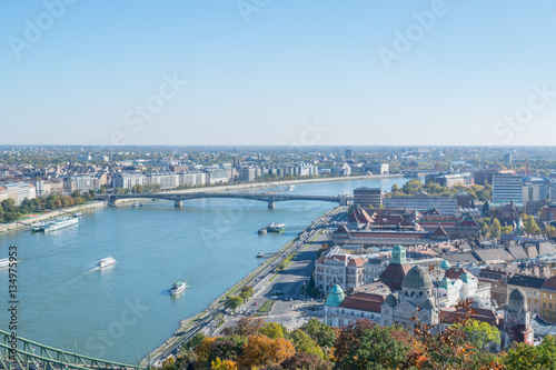 View of the Danube river with bastion and bridge in Budapest