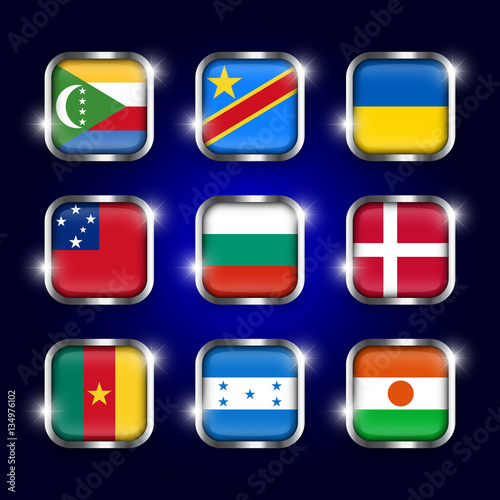 Set of world flags quadrangular glass buttons with steel border and twinkle ( Comoros . Democratic Republic of the Congo . Ukraine . Samoa , Bulgaria . Denmark . Cameroon . Honduras . Niger ) Free Download Set of world flags quadrangular glass buttons with steel border and twinkle ( Comoros . Democratic Republic of the Congo . Ukraine . Samoa , Bulgaria . Denmark . Cameroon . Honduras . Niger ) - GFXLoad