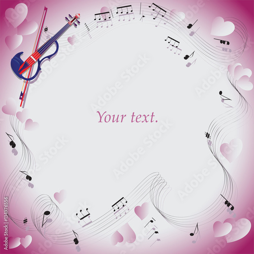 Melody of love. Violin. Frame. For programs, Anons in Newspapers, invitations to the evening of music. Composition with pink hearts for greetings on Valentine's Day, engagement, wedding.