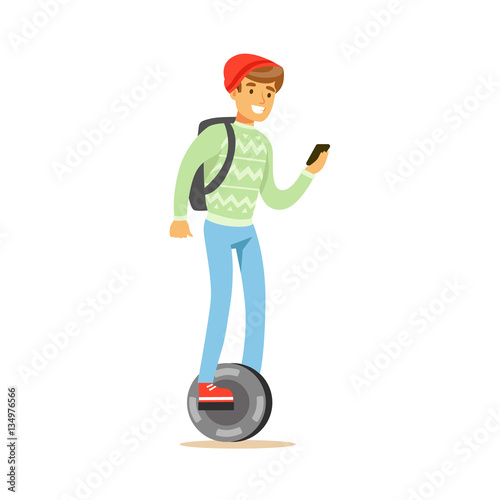 Student In Red Hat With BAckpack And Smartphone Riding Electric Self-Balancing Battery Powered Personal Electric Scooter Cartoon Character