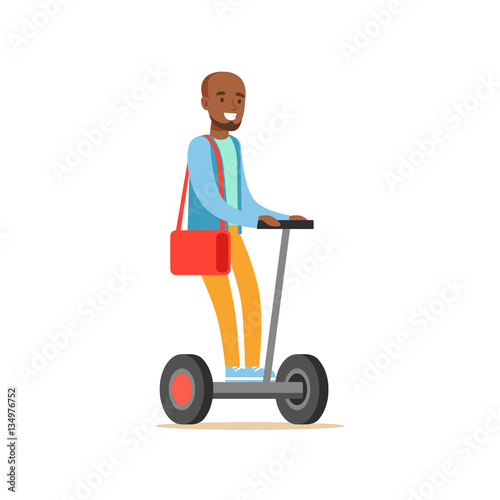 Black Man In Blue Sweater Riding Electric Self-Balancing Battery Powered Personal Electric Scooter Cartoon Character