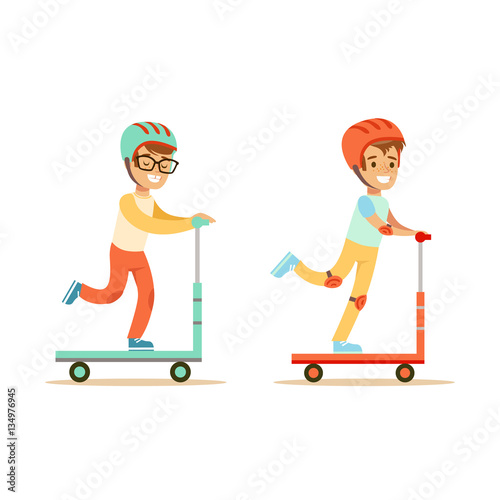 Two Young Boys Riding Scooters In Helmets Vector Illustration