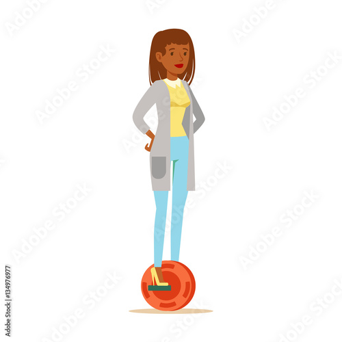 Woman In Cardigan And Jeans Riding Electric Self-Balancing Battery Powered Personal Electric Scooter Cartoon Character