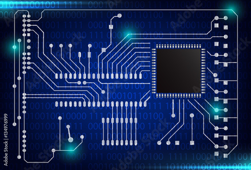 closeup of electronic circuit board with processor background