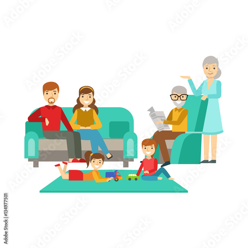 Parents And Grandparents Watching Kids Play, Happy Family Having Good Time Together Illustration