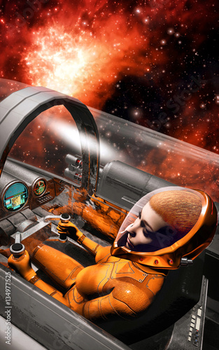 Space pilot woman inside spaceship cockpit photo