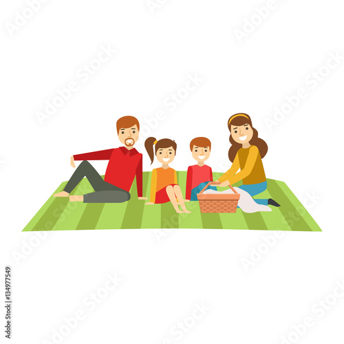 Parents And Kids Having Picnic, Happy Family Having Good Time Together Illustration