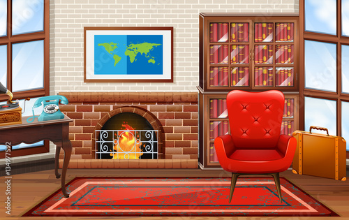 Room with fireplace and bookshelves
