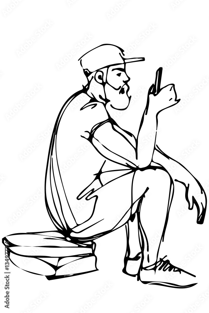 vector sketch of a bearded man wearing a cap and shorts looks in vector sketch of a bearded man wearing a cap and shorts looks in