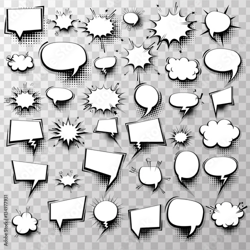 Big set 36 blank effects template comic speech bubbles halftone dot background style pop art. Comic dialog empty cloud, space text style pop art. Creative idea conversation comic sketch explosion