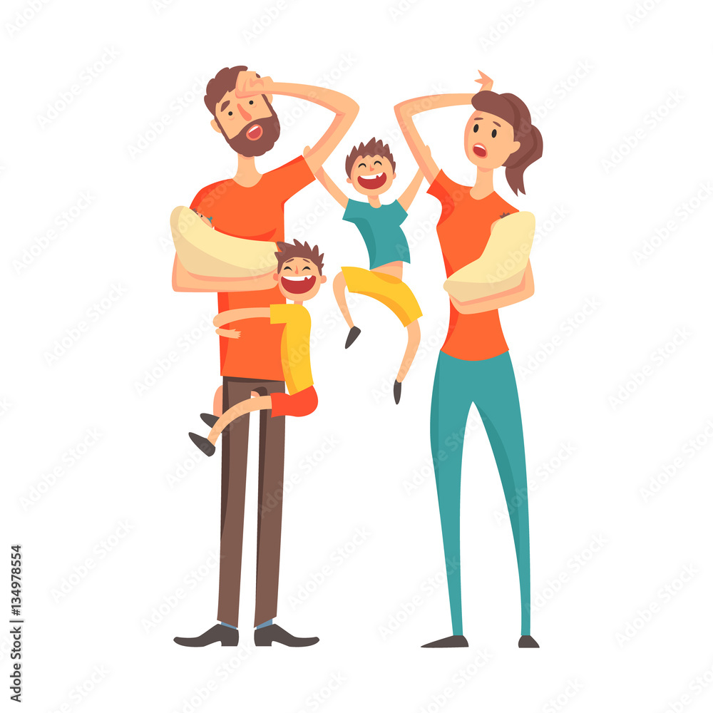 Tired Young Parents With two Babies And Two Older Sons,Part Of Family  Members Series Of Cartoon Characters Stock Vector | Adobe Stock