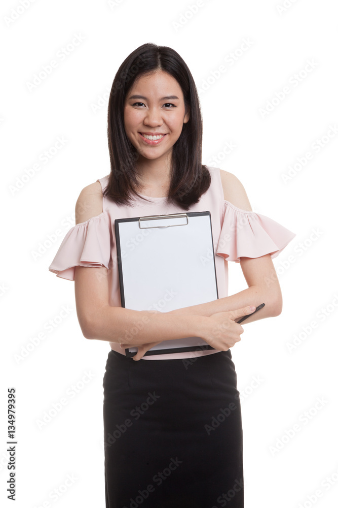 Young Asian business woman hold clipboard. Young Asian business woman hold clipboard.