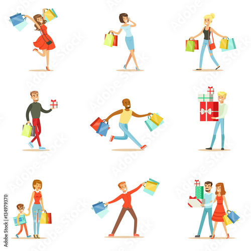 Shopaholic People Happy And Excited Running With Paper Shopping Bags Smiling Carton Characters Collection