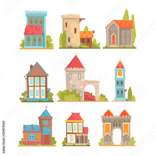 Old And Medieval Historical Buildings Set Of European Architecture Towers, Fortifications And City Houses