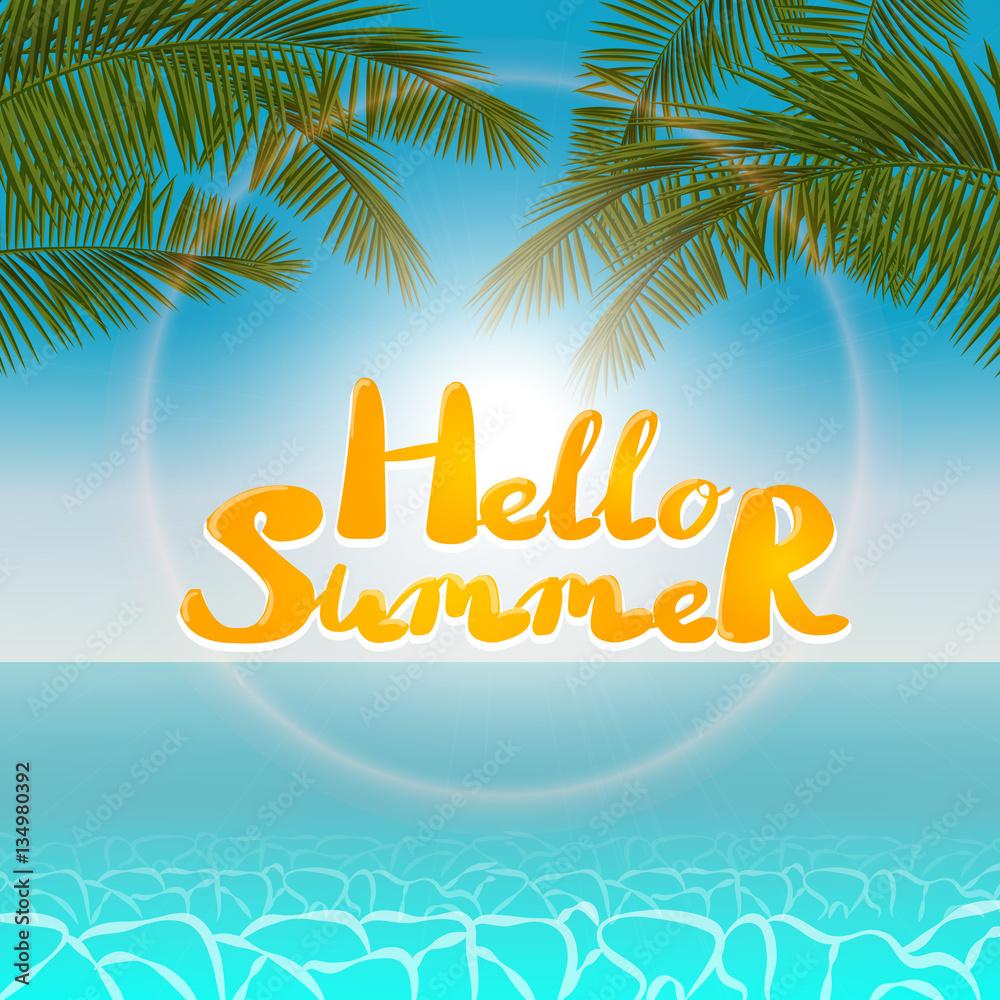 Summer seascape blurred bokeh lights palm leaf. Landscape background. Summer Time. Realistic vector illustration web application. Seascape hello summer Summer seascape blurred bokeh lights palm leaf. Landscape background. Summer Time. Realistic vector illustration web application. Seascape hello summer
