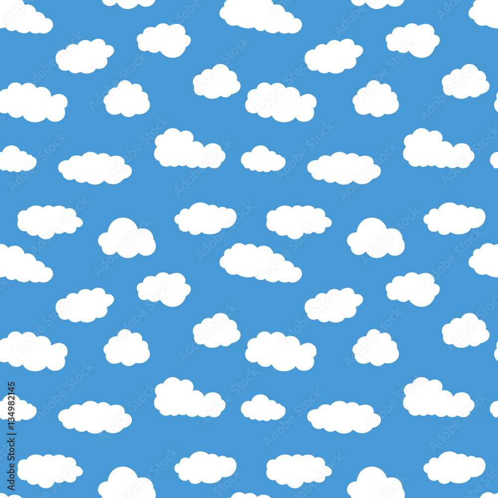 Colorful seamless pattern with white clouds. Hand drawn Illustration for kid textile, card, pajama, t-shirt print design. Fashion trend background. Blue sky simple vector backdrop. Colorful seamless pattern with white clouds. Hand drawn Illustration for kid textile, card, pajama, t-shirt print design. Fashion trend background. Blue sky simple vector backdrop.
