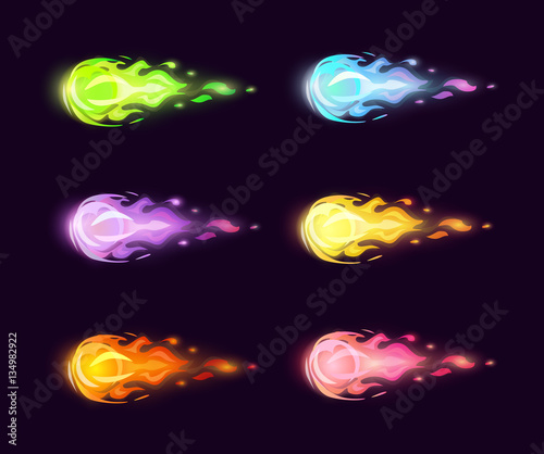 Colorful cartoon flying fireballs set.