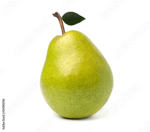 Fresh green pear with leaf, isolated on white background
