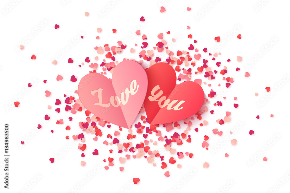 Vector heart shape paper valentines with sign Love You on pink and red confetti