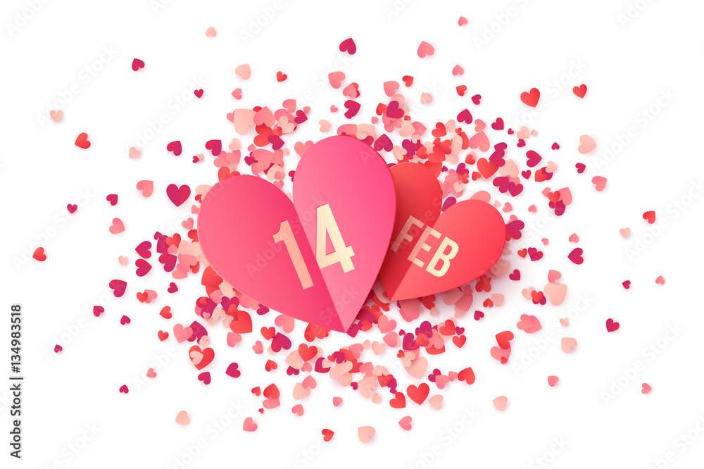 Pink paper heart shape cards with date 14 February on red and pink confetti Pink paper heart shape cards with date 14 February on red and pink confetti