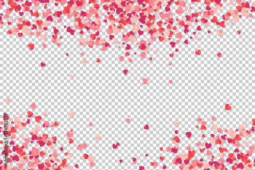 Heart shape pink and red confetti vector frame isolated on transparency grid