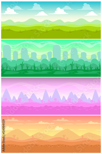 Colorful vector seamless landscapes set.