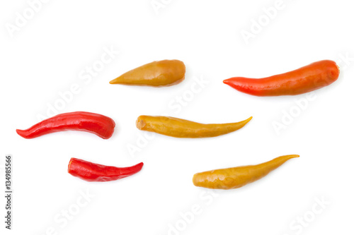 Chili peppers for sexual potency. Isolated on white background. Chili peppers like sperm flow. Chili peppers sexual motive. Top view.