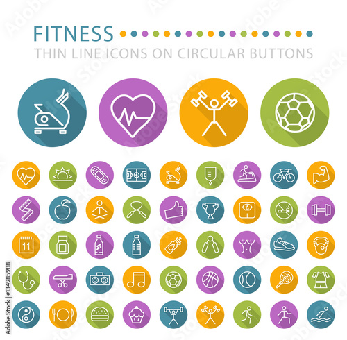 Set of 45 Elegant Universal White Fitness Minimalist Thin Line Icons on Circular Colored Buttons on White Background.
