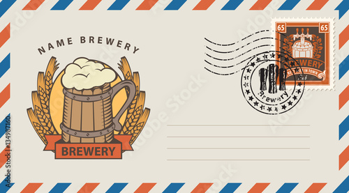 envelope with a postage stamp with a picture of a wooden glass of beer with wheat ears