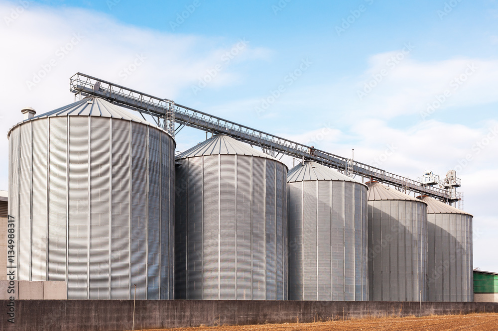 Agricultural silos on blue sky.