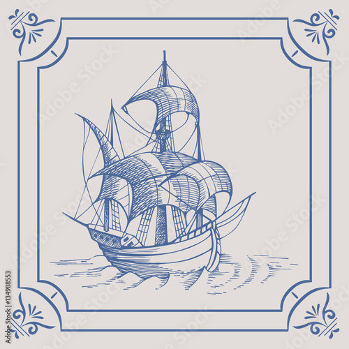 Old caravel. Ship on the Blue Dutch tile. Imitation. Frigate, vintage sailboat, Sailing vessel , glazed porcelain ceramic.