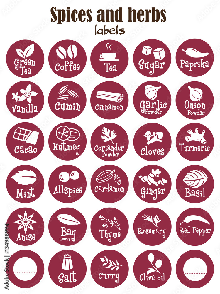 Obraz premium Spices, condiments and herbs web icon set illustration / Collection of herbs flat icon set / Spicy herbs silhouettes collection / Retro labels set for food packaging or Jar sticker kitchen design.
