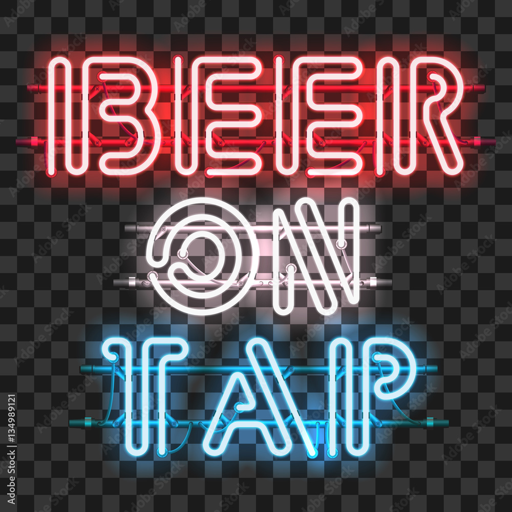 Glowing neon bar sign BEER ON TAP isolated on transparent background. Shining and glowing neon effect. All elements are separate units with wires, tubes, brackets and holders.