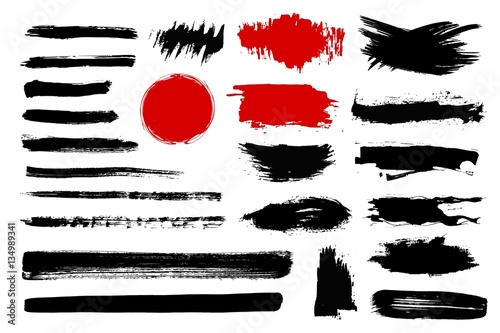 Set of black paint, ink brush strokes, brushes, lines. Dirty artistic design elements, boxes, frames for text