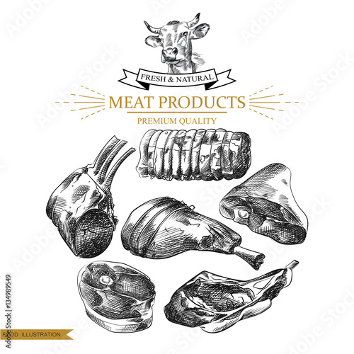 Set of hand drawn meat isolated on white background. Meat sketch elements. Retro hand-drawn vector illustration. Great for poster, banner, voucher, coupon.