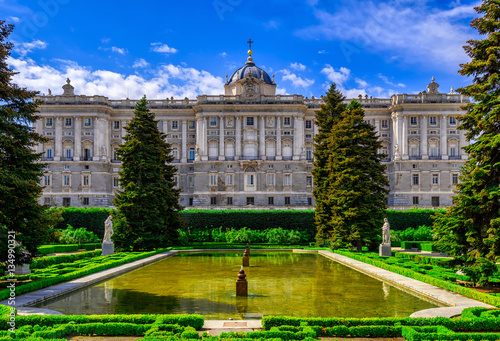 Madrid Royal Palace and Sabatini park in Madrid, Spain.