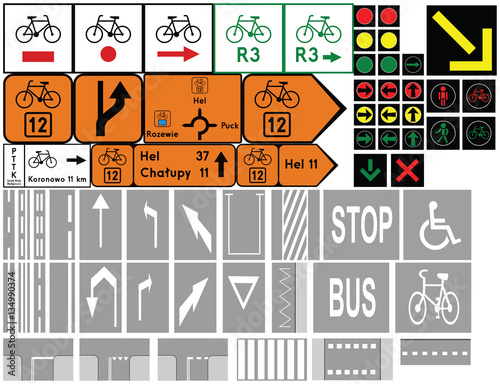 Road signs in Poland. Cycleway signs, Traffic signals, Road markings