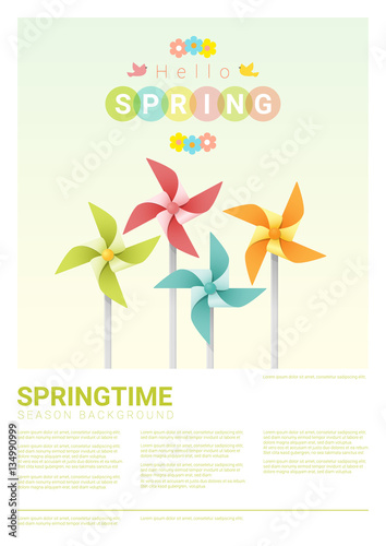Hello spring background with colorful pinwheels , vector , illustration