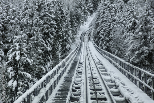 Wintertime view of the funicular railway connecting the village of Stoos with the town of Schwyz in the Swiss canton of Graubunden