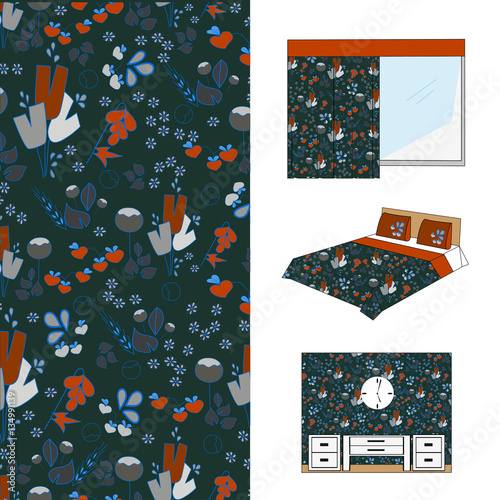 Colorful floral seamless pattern hand-drawn on green background.