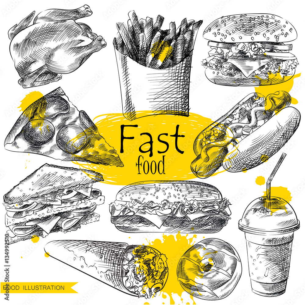 Set of hand drawn fast food isolated on white background with yellow ...