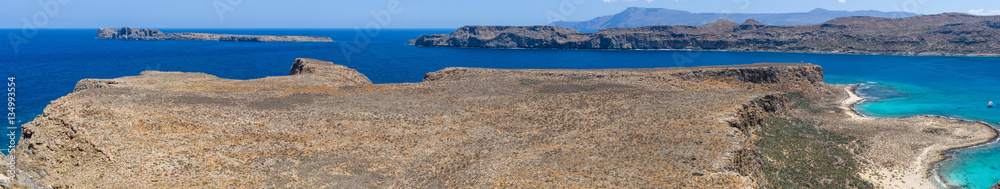 Panoramic view on the bay of island Imeri Gramvousa and Mediterranean Sea. Crete. Greece.