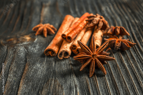 Spices and herbs. Food and cuisine ingredients. Cinnamon sticks,