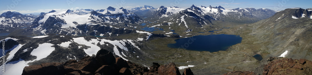 Panorama from lakes and snowy mountains